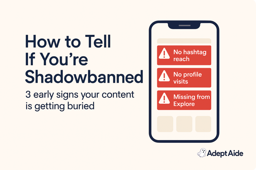 A digital graphic shows a phone screen with three red warning labels: "No hashtag reach," "No profile visits," and "Missing from Explore." Headline text reads “How to Tell If You’re Shadowbanned.”