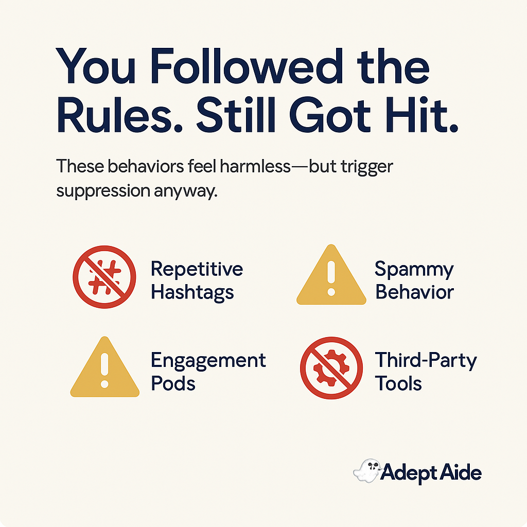 A clean warning board design showing icons for repetitive hashtags, spammy behavior, engagement pods, and automation tools—each marked with a red or yellow warning. The heading reads “You Followed the Rules. Still Got Hit.”