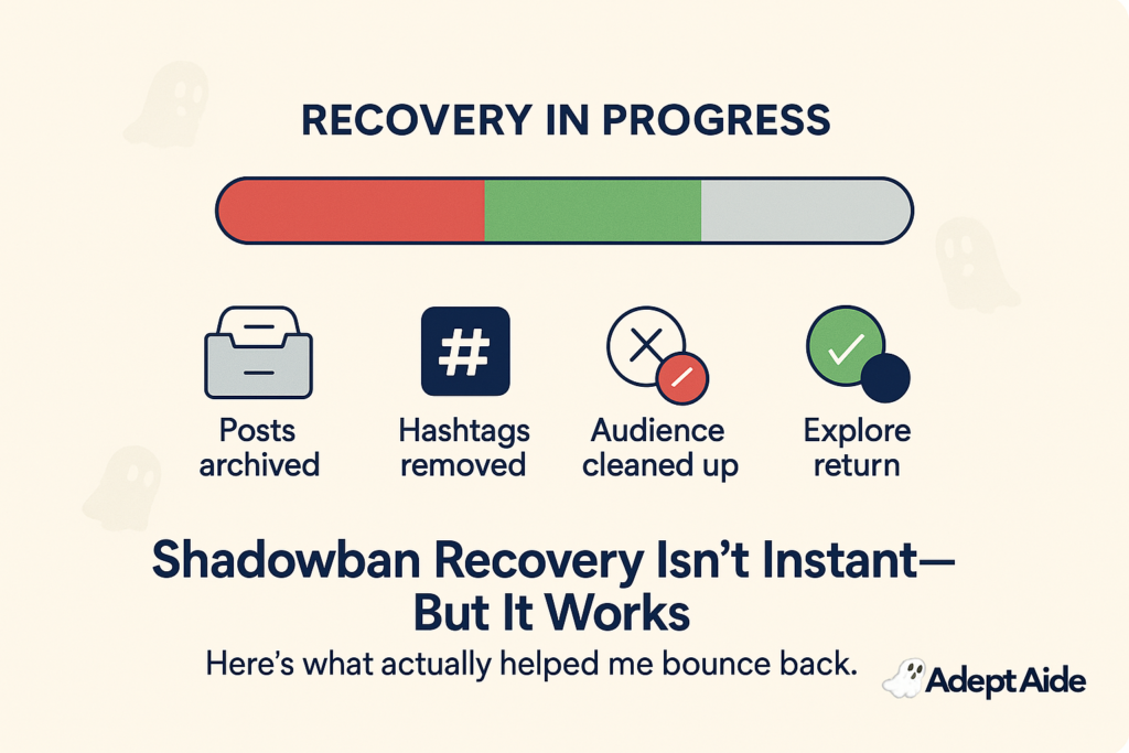 A clean graphic showing a digital progress bar labeled “Recovery in Progress” gradually shifting from red to green. Below it, four icons represent cleanup actions like removing ghost followers and archiving posts.