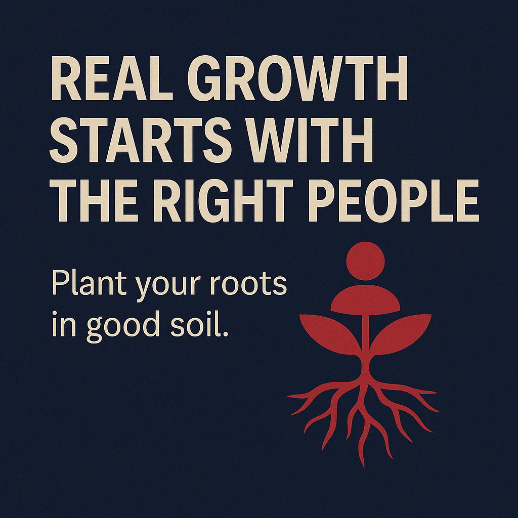A navy-blue background with bold cream text reading “Real Growth Starts With the Right People.” A red plant icon with visible roots sits beside the tagline “Plant your roots in good soil,” symbolizing strategic follower alignment. Designed with Adept Aide’s signature brand colors.