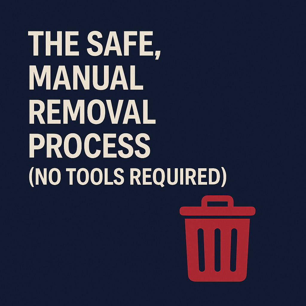 A navy blue background with bold off-white text stating “The Safe, Manual Removal Process (No Tools Required),” accompanied by a simple red trash can icon in the corner—symbolizing a clean, no-software-needed approach to Instagram follower clean-up. Uses Adept Aide brand colors for clarity and authority.