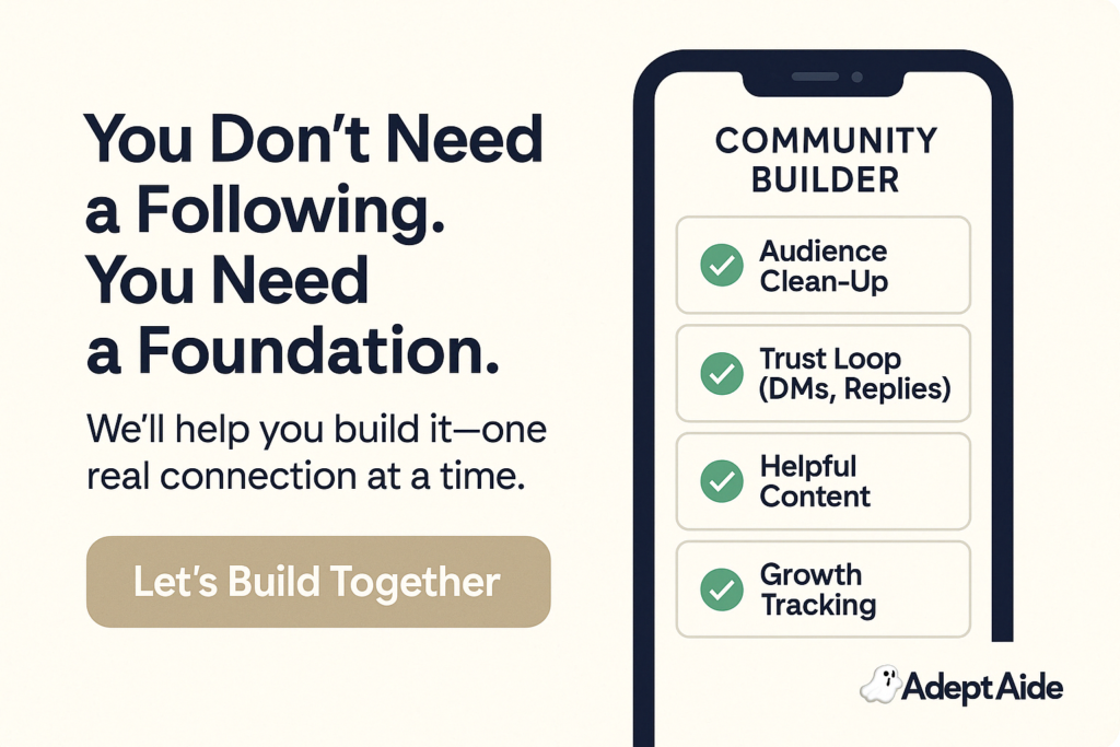 A smartphone screen shows a community growth dashboard with modules for cleanup, content, and engagement. A glowing button reads “Let’s Build Together.”