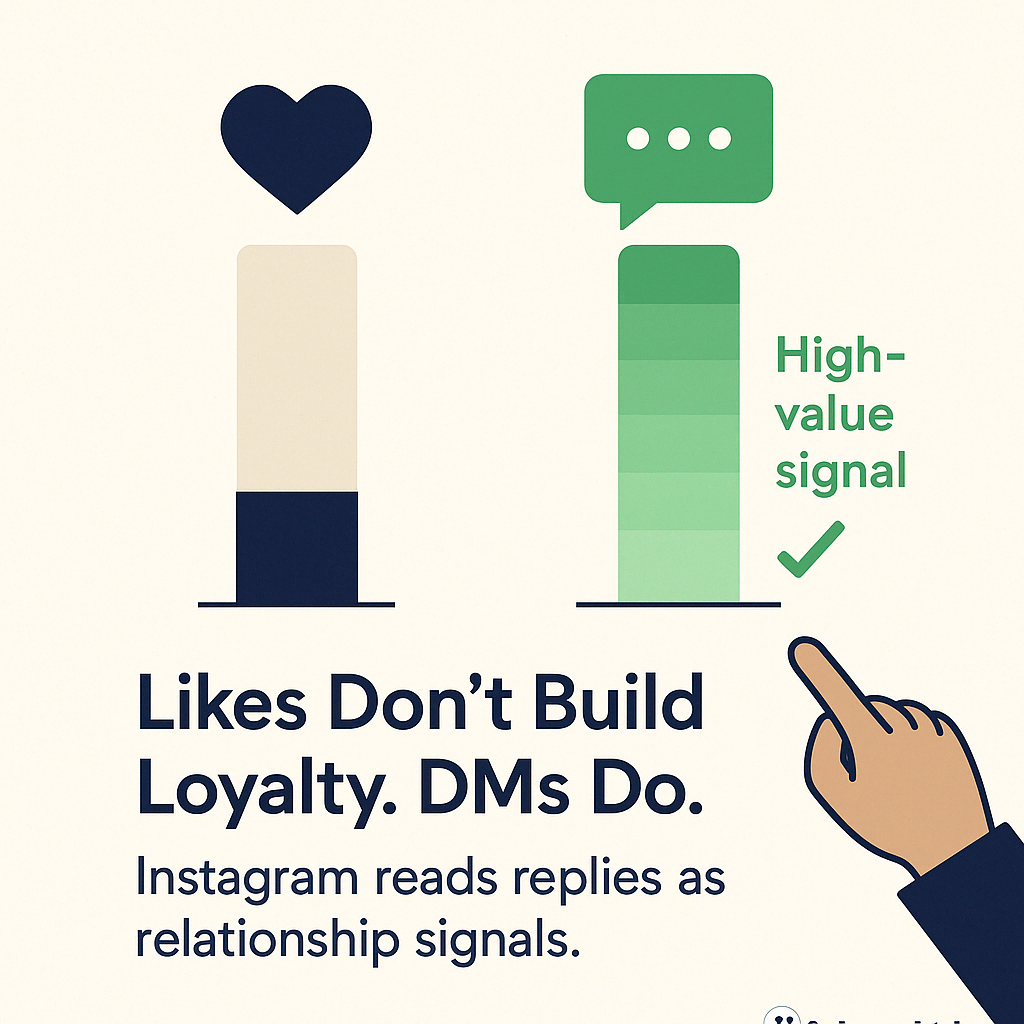 A graphic compares two vertical bars: one filling slowly for Likes and another glowing full for DMs. Text reads: “Likes Don’t Build Loyalty. DMs Do.”