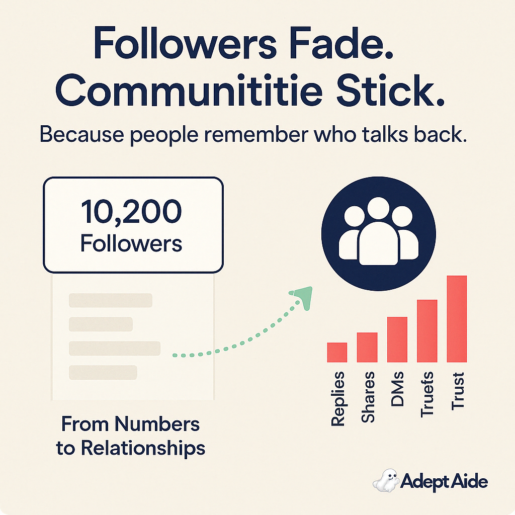 Two panels compare a large, inactive follower count with a smaller, vibrant community icon showing growth in replies, shares, and DMs. A curved arrow reads “From Numbers to Relationships.”