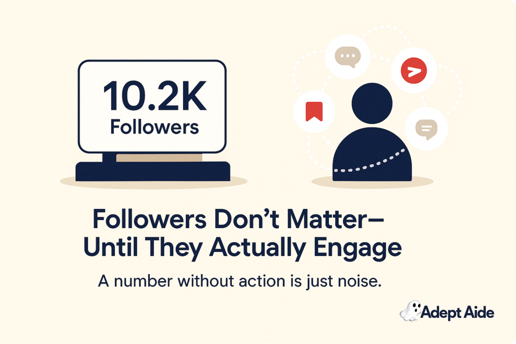 A 10.2K follower counter sits silent while an engaged user icon glows beside it with conversation, DM, and save symbols around it. Text reads “Followers Don’t Matter—Until They Actually Engage.”