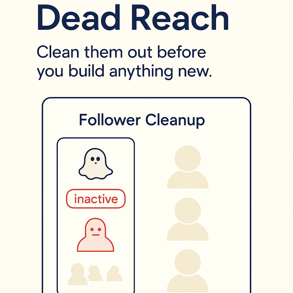 An Instagram-style interface highlights ghost follower icons being removed from a list. The message reads: “Dead Followers = Dead Reach.”