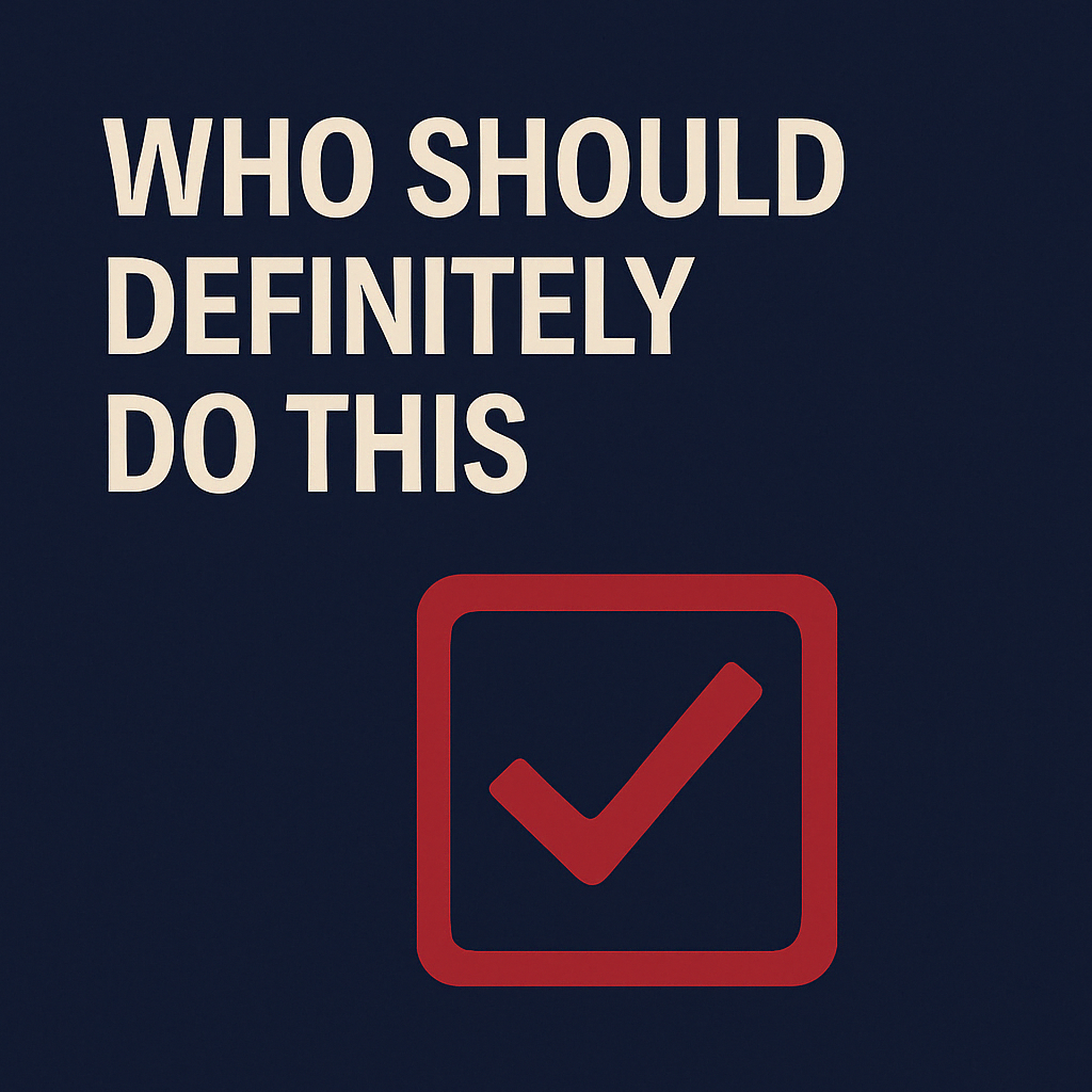 A bold navy background graphic with off-white text reading “Who Should Definitely Do This,” paired with a red checkmark in a box icon underneath, signifying the ideal candidates for follower clean-up. Styled using Adept Aide’s official brand colors.